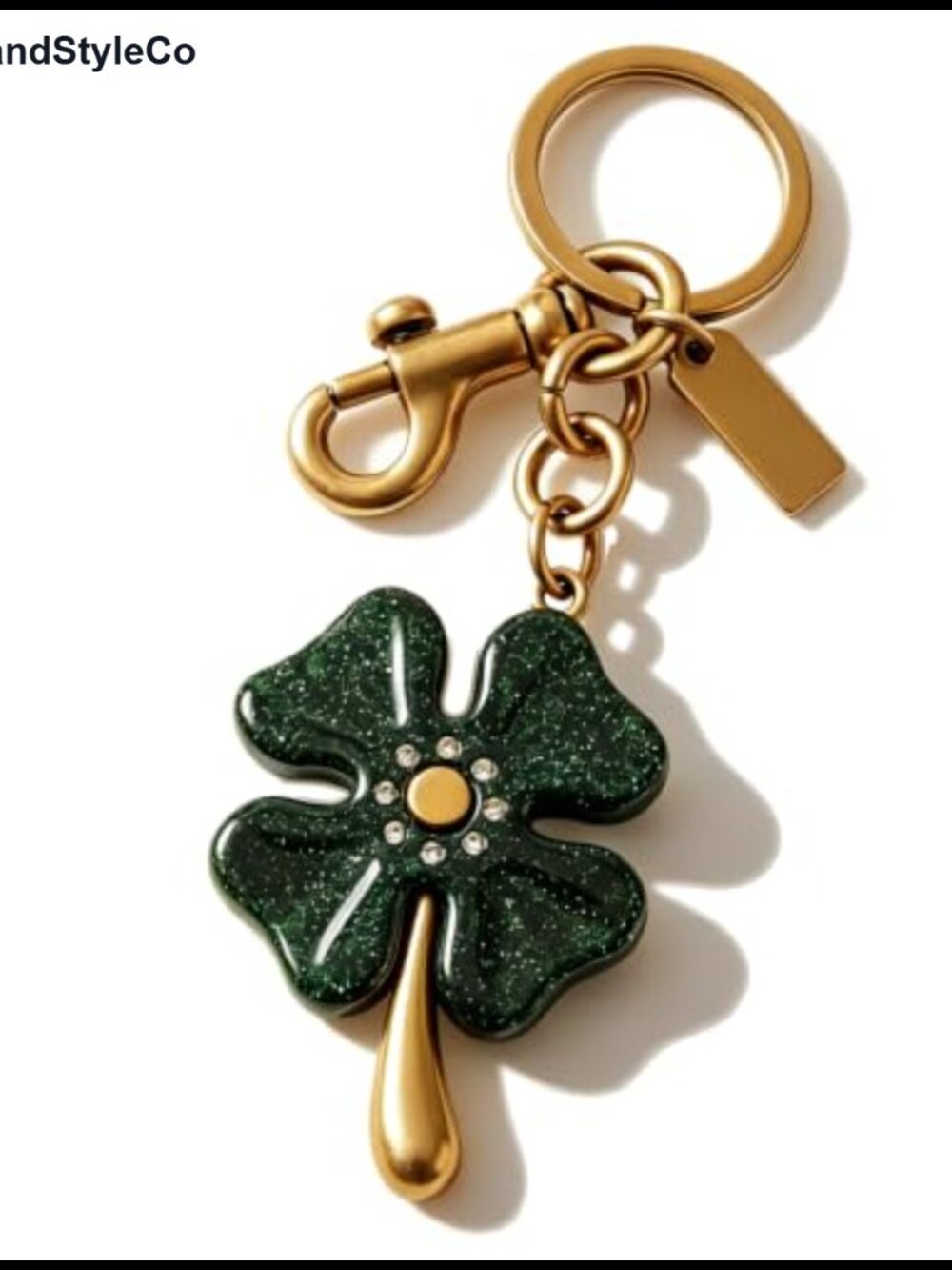 Green glitter four leaf clover keychain bag charm gold tone